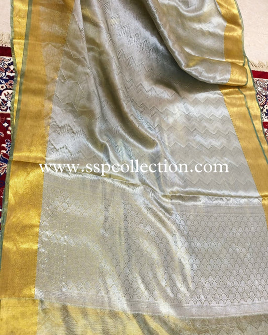 Teal-Green Pure Molten Tissue Silk Brocade Banarasi Saree
