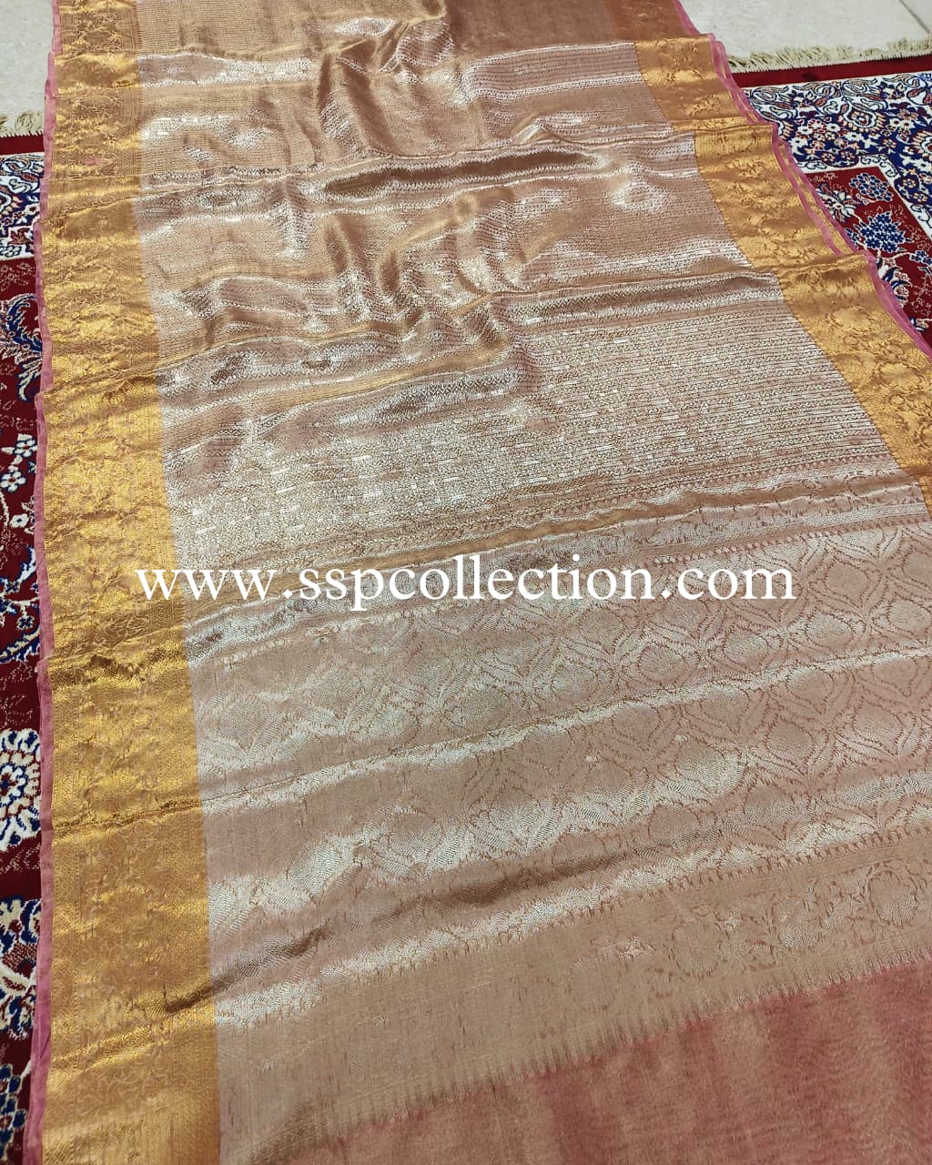 Rose-Pink Pure Molten Tissue Silk Brocade Banarasi Saree