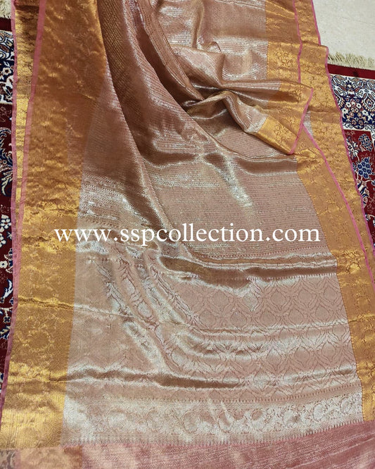 Rose-Pink Pure Molten Tissue Silk Brocade Banarasi Saree