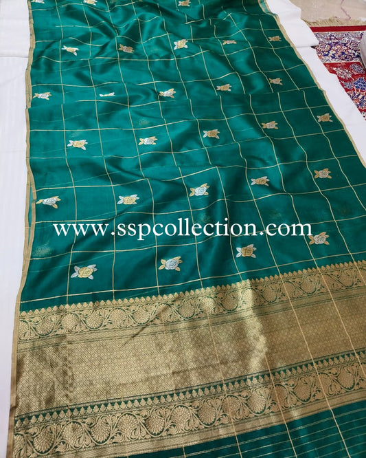 Teal-Green Pure Kora Silk Banarasi Saree