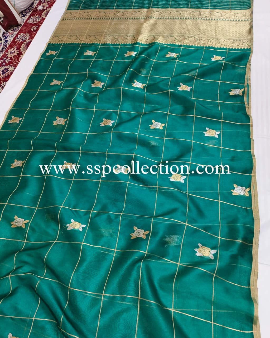 Teal-Green Pure Kora Silk Banarasi Saree