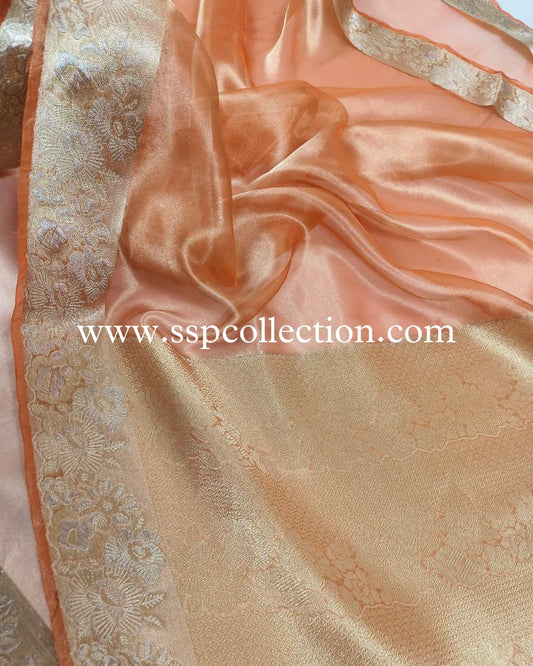 Peach Pure Tissue Silk Alfi Banarasi Saree