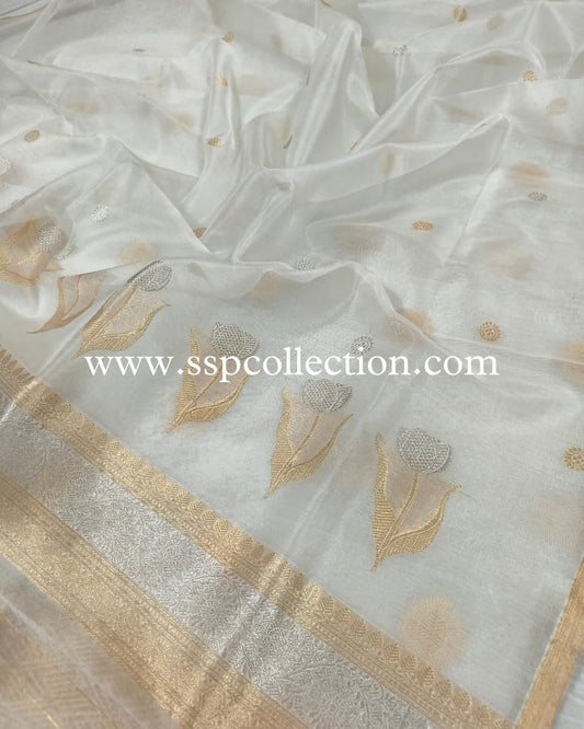 White Pure Kora Silk Banarasi Dupatta
