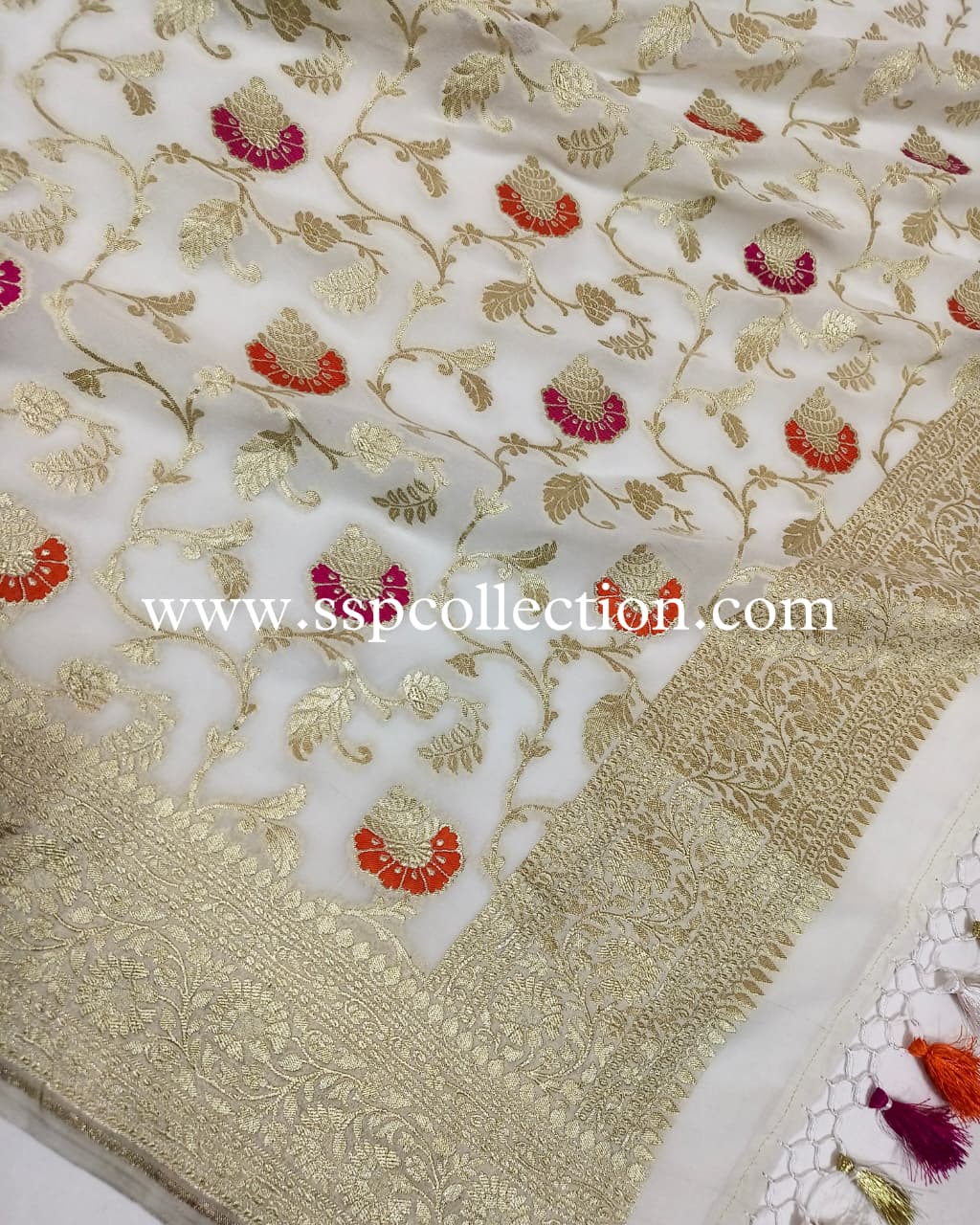 White Banarasi Pure Georgette Meenakaari Dupatta
