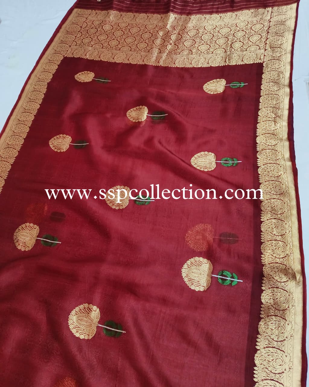 Maroon Pure Kora Silk Tilfi Banarasi Saree