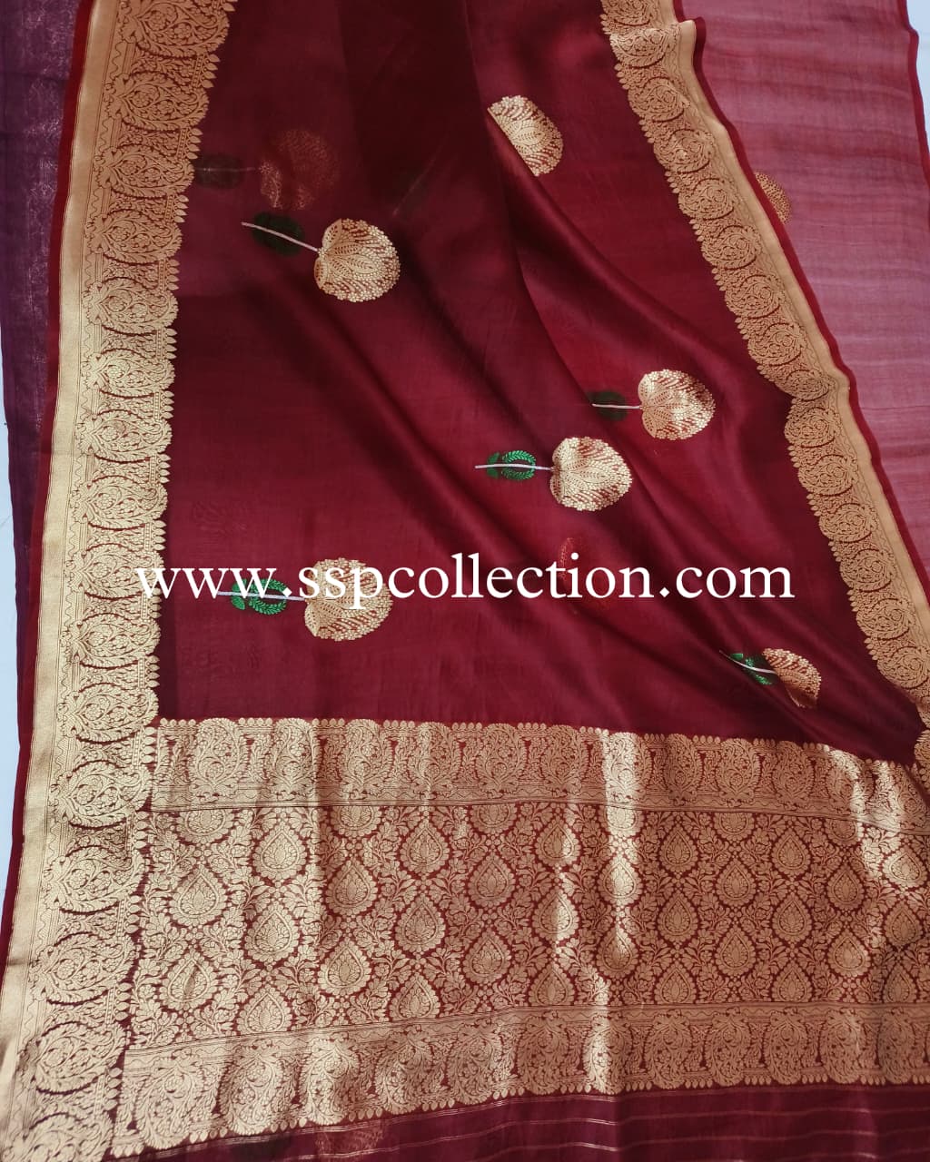 Maroon Pure Kora Silk Tilfi Banarasi Saree