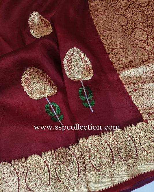 Maroon Pure Kora Silk Tilfi Banarasi Saree