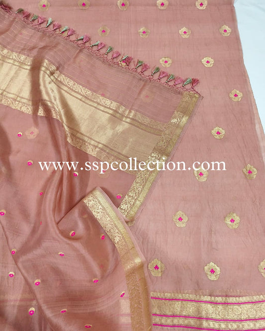 Brandy-Rose Pure Kora Silk Meenakaari Banarasi Suit