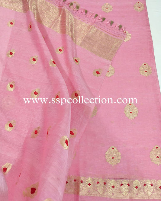 Baby-Pink Pure Linen Silk Meenakaari Banarasi Suit