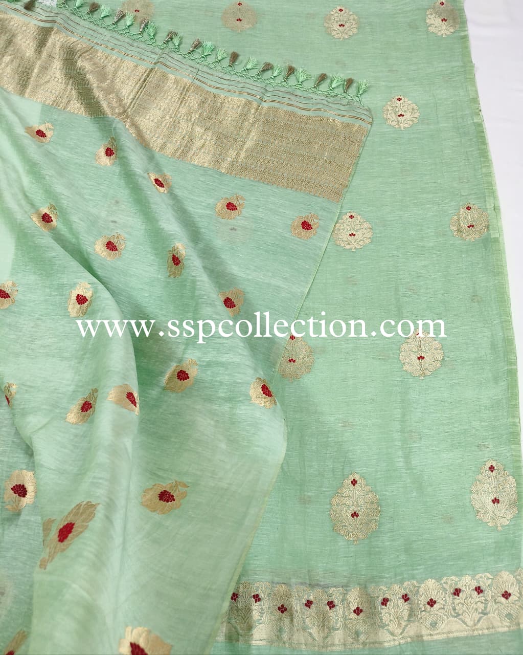 Mint-Green Pure Linen Silk Meenakaari Banarasi Suit