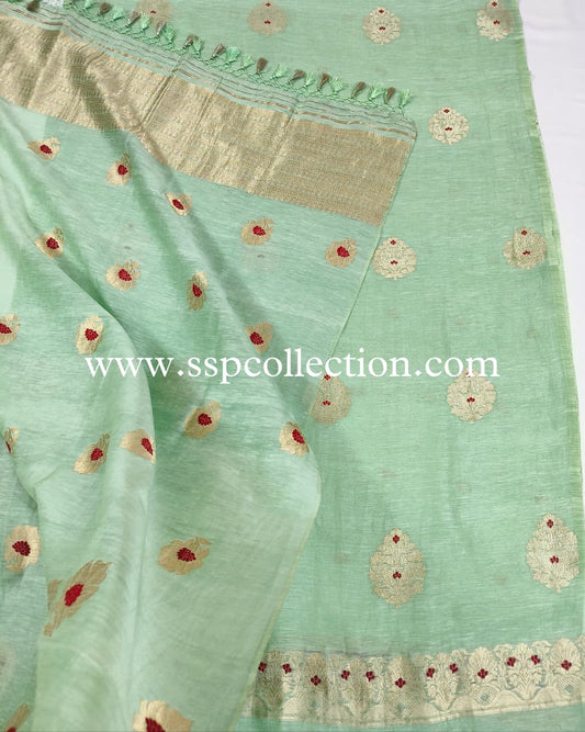 Mint-Green Pure Linen Silk Meenakaari Banarasi Suit
