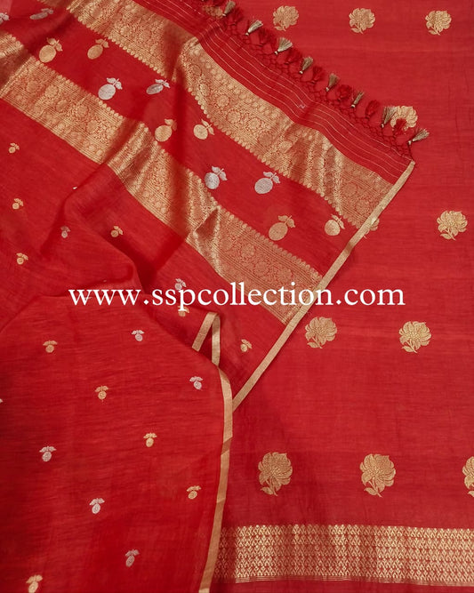 Red Pure Linen Silk Sona-Roopa Banarasi Suit
