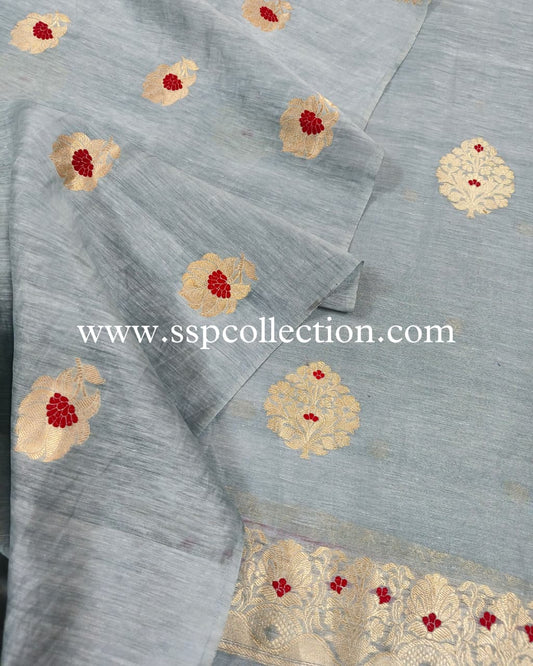 Gray Pure Linen Silk Meenakaari Banarasi Suit