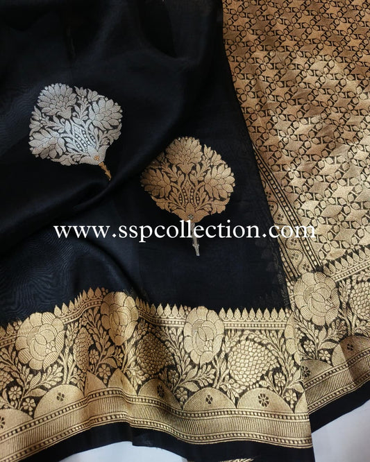 Black Pure Kora Silk Banarasi Saree