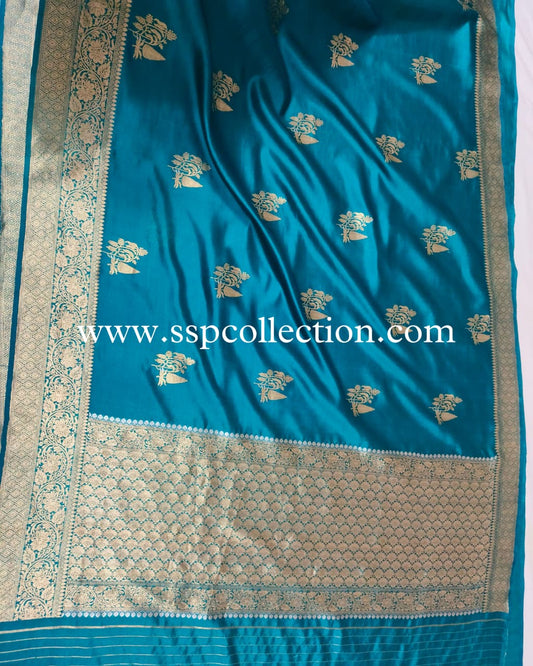 Teal-Blue Pure Mango Silk Banarasi Saree