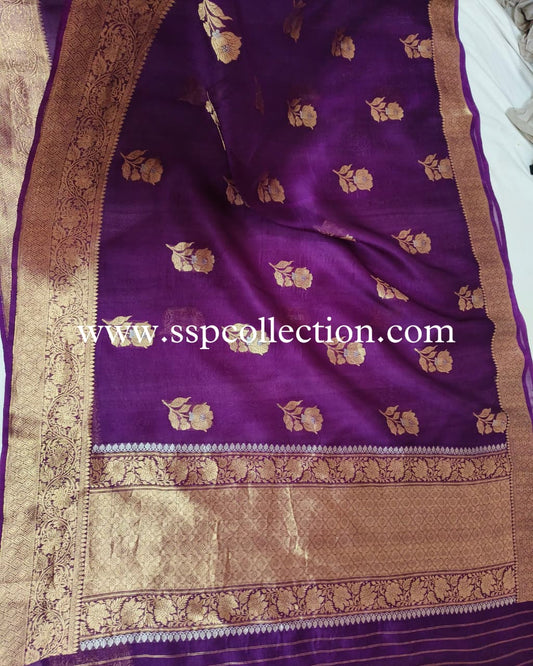 Purple Pure Kora Silk Banarasi Saree
