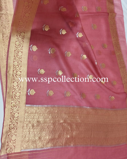 Rose-Pink Pure Kora Silk Banarasi Saree