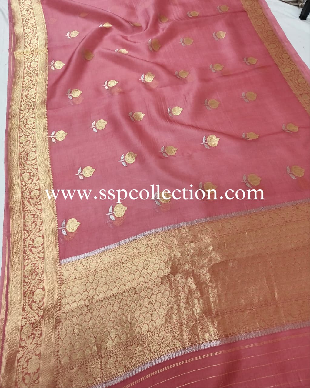 Rose-Pink Pure Kora Silk Banarasi Saree