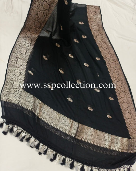 Black Pure Chiffon Silk Banarasi Dupatta