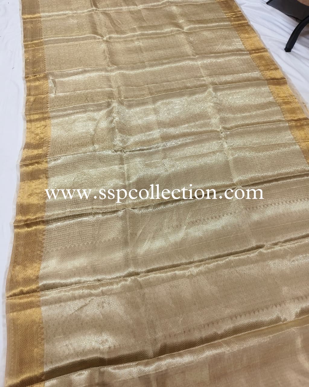 Natural-Gold Pure Molten Tissue Silk Brocade Banarasi Saree