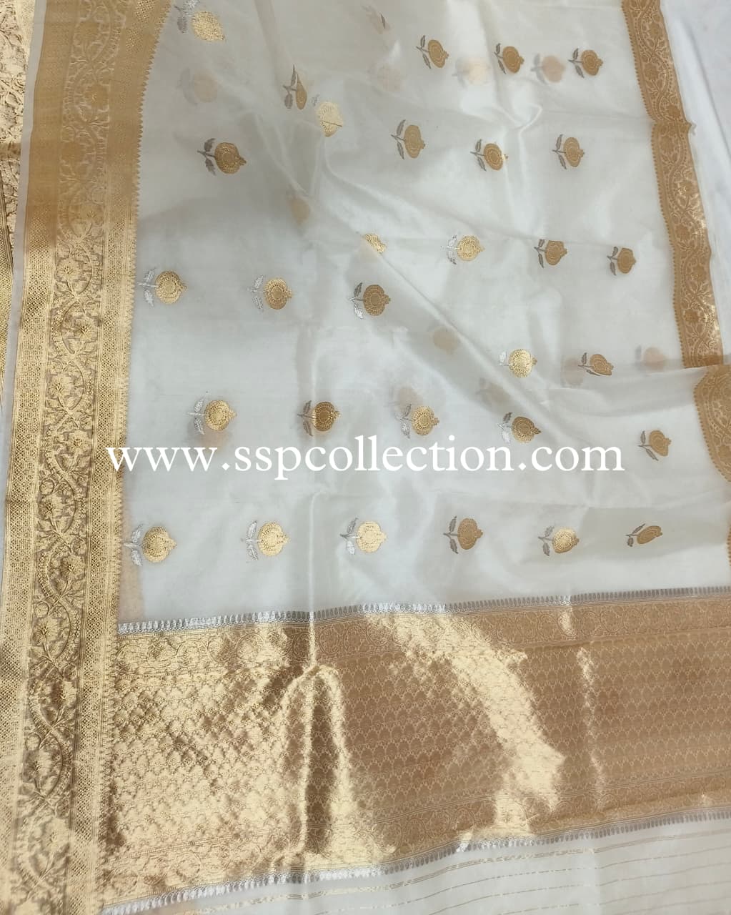 White Pure Kora Silk Banarasi Saree