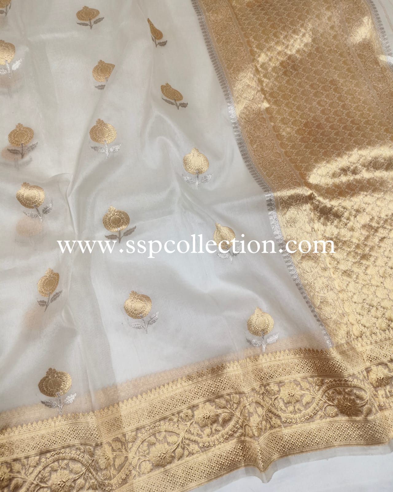 White Pure Kora Silk Banarasi Saree