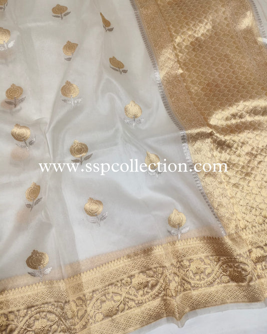 White Pure Kora Silk Banarasi Saree