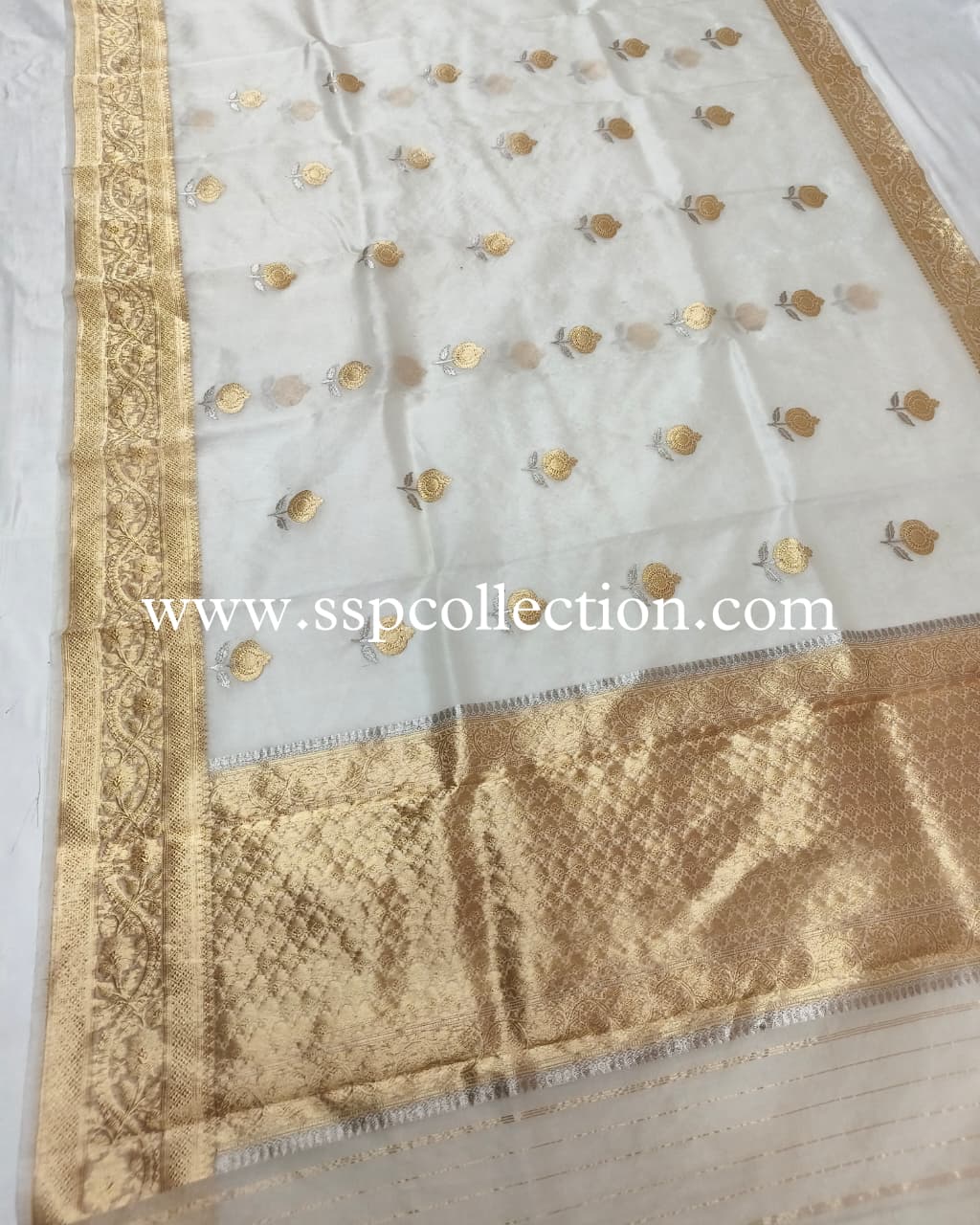 White Pure Kora Silk Banarasi Saree