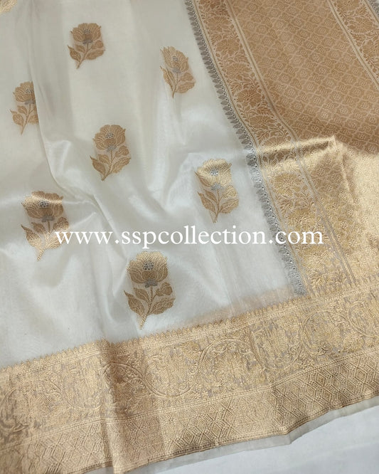 White Pure Kora Silk Banarasi Saree
