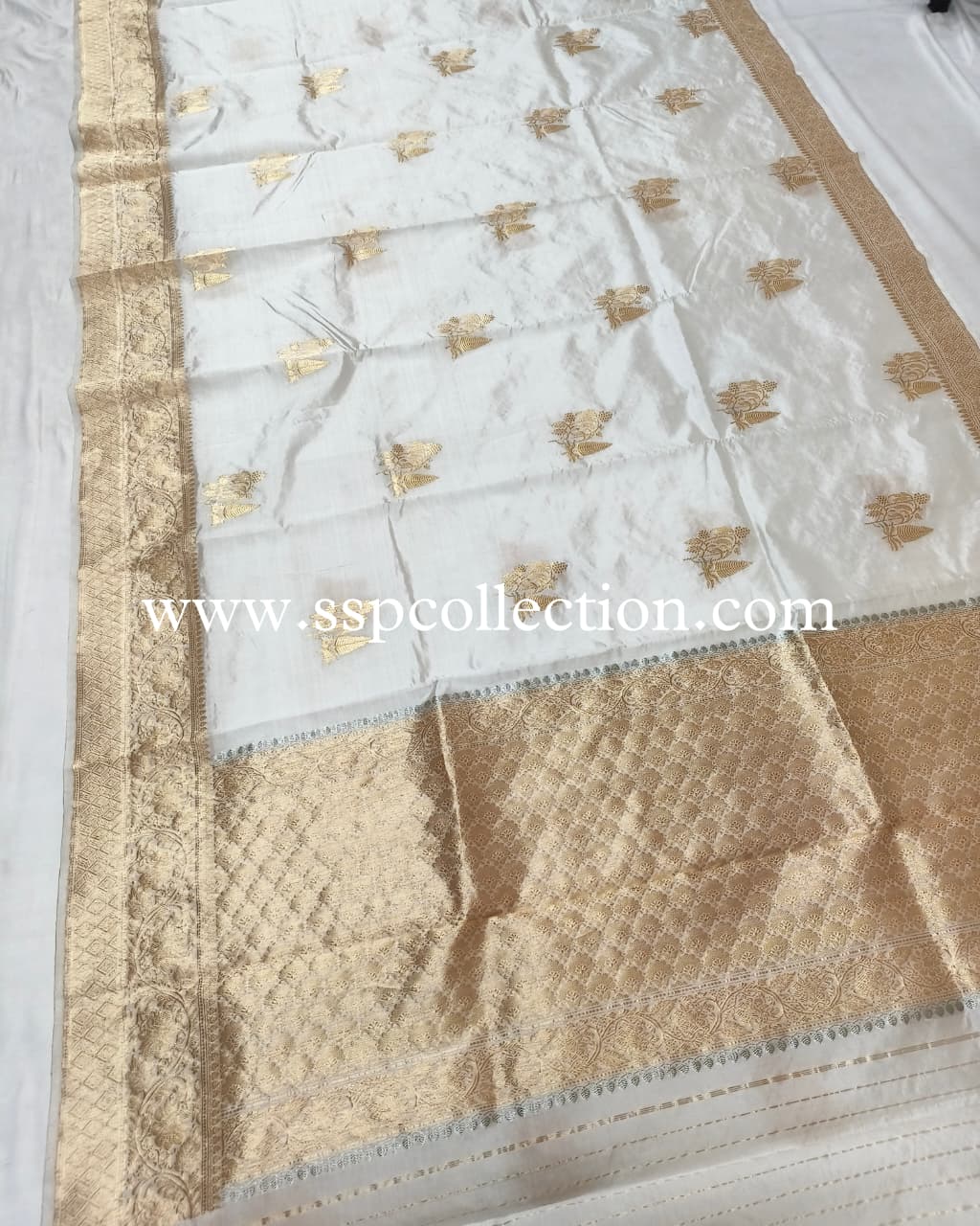 White Pure Mango Silk Banarasi Saree