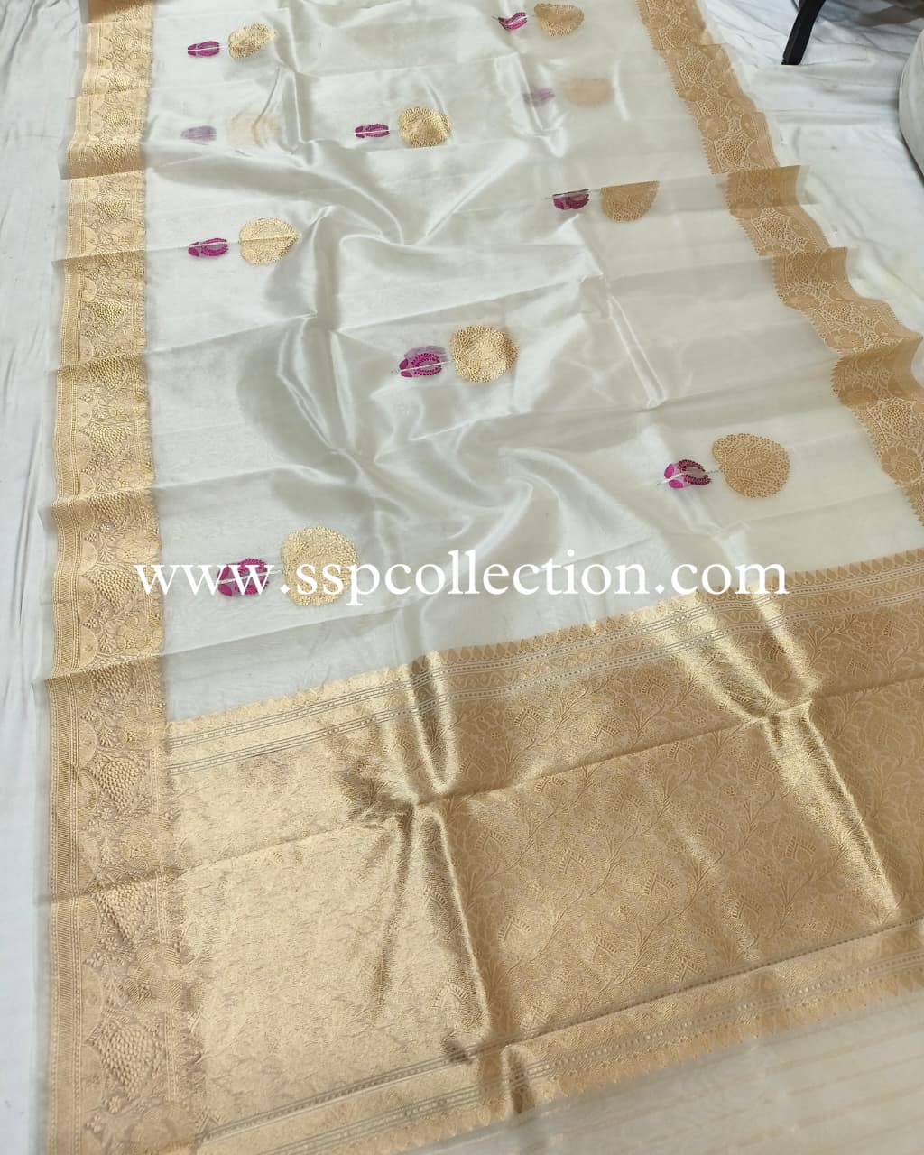 White Pure Kora Silk Tilfi Banarasi Saree