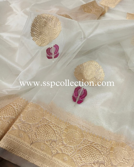 White Pure Kora Silk Tilfi Banarasi Saree