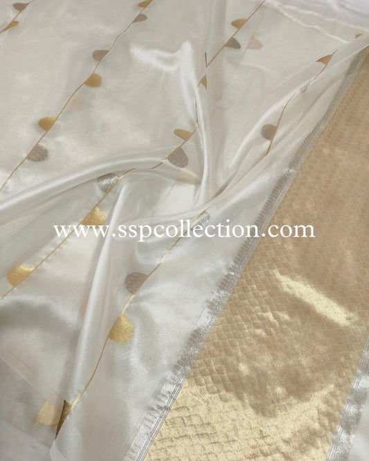 White Pure Kora Silk Banarasi Saree