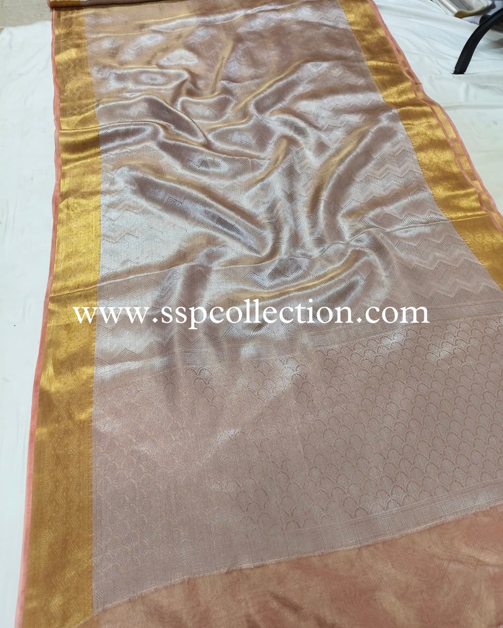 Peach Pure Molten Tissue Silk Brocade Banarasi Saree