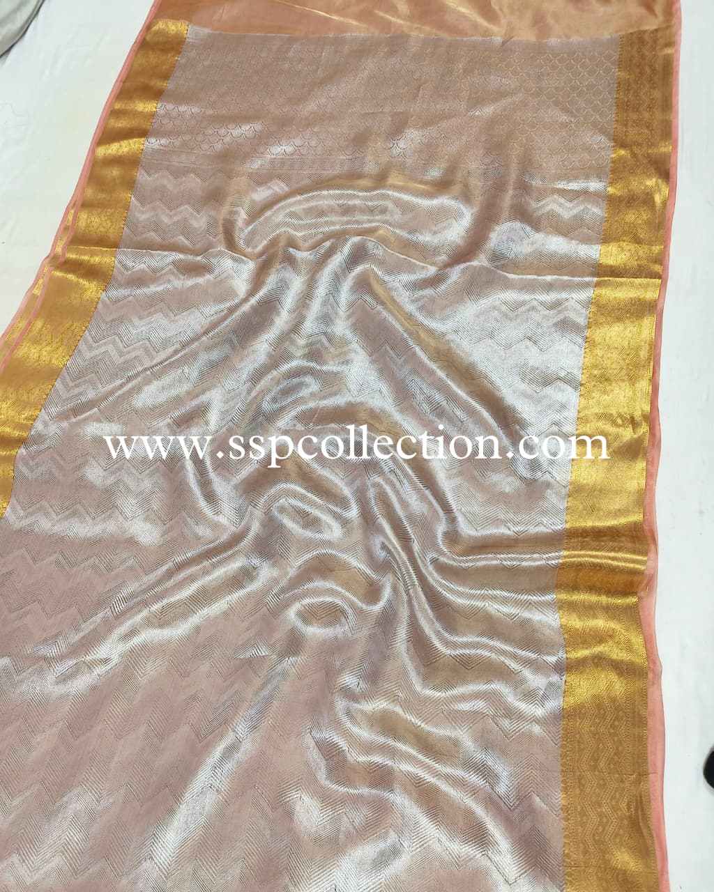 Peach Pure Molten Tissue Silk Brocade Banarasi Saree