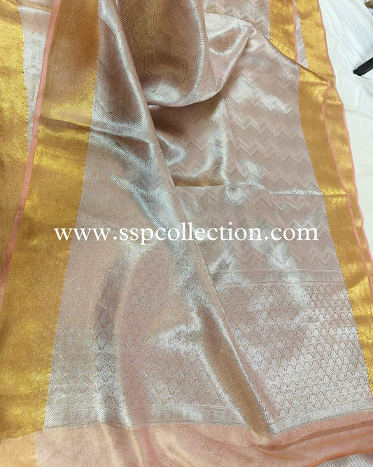 Peach Pure Molten Tissue Silk Brocade Banarasi Saree