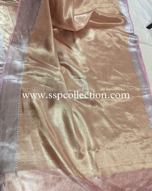 Rose-Pink Pure Molten Tissue Silk Brocade Banarasi Saree