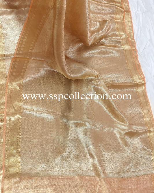 Peach Pure Molten Tissue Silk Brocade Banarasi Saree