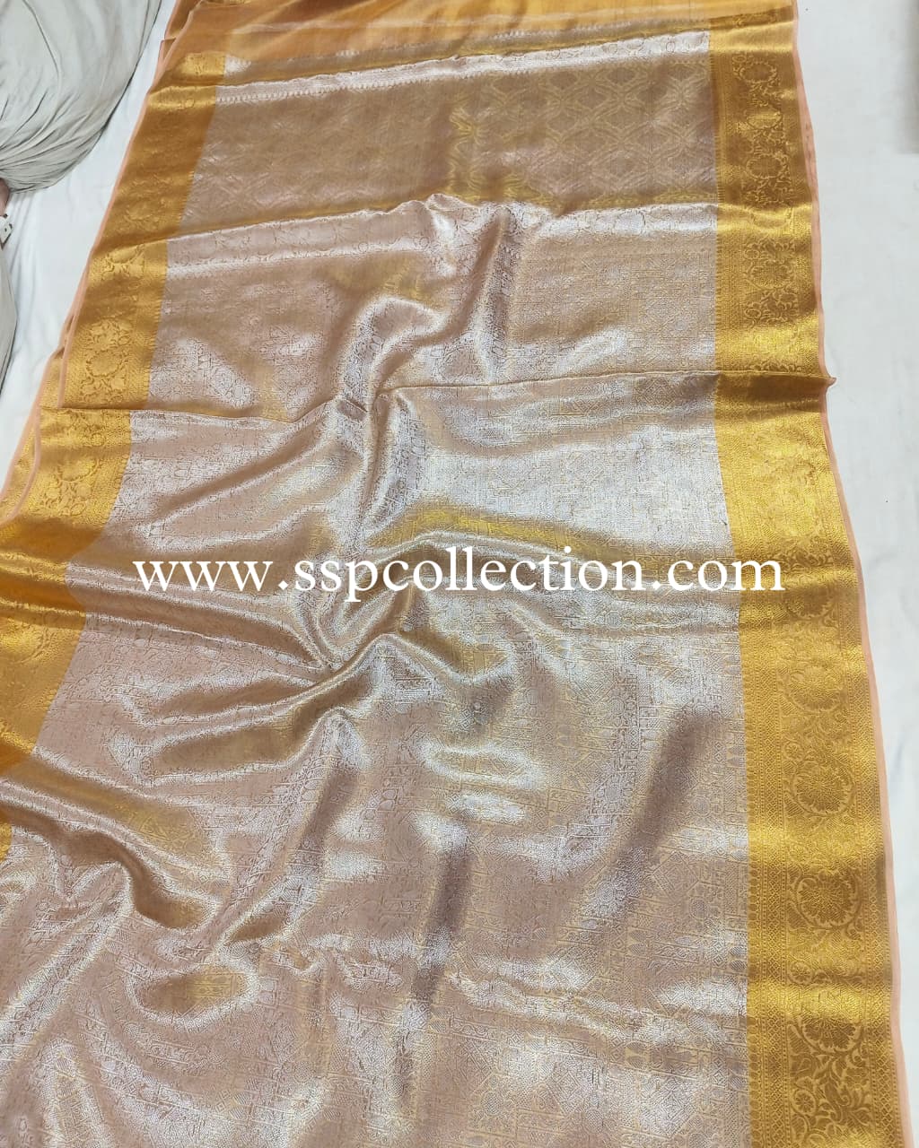 Peach Pure Molten Tissue Silk Brocade Banarasi Saree