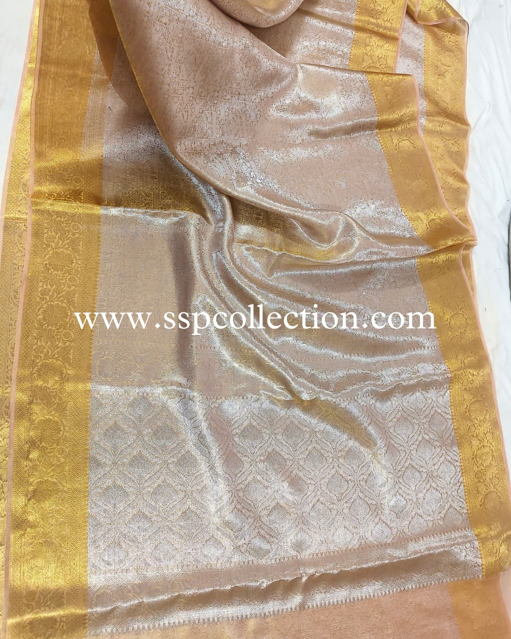 Peach Pure Molten Tissue Silk Brocade Banarasi Saree
