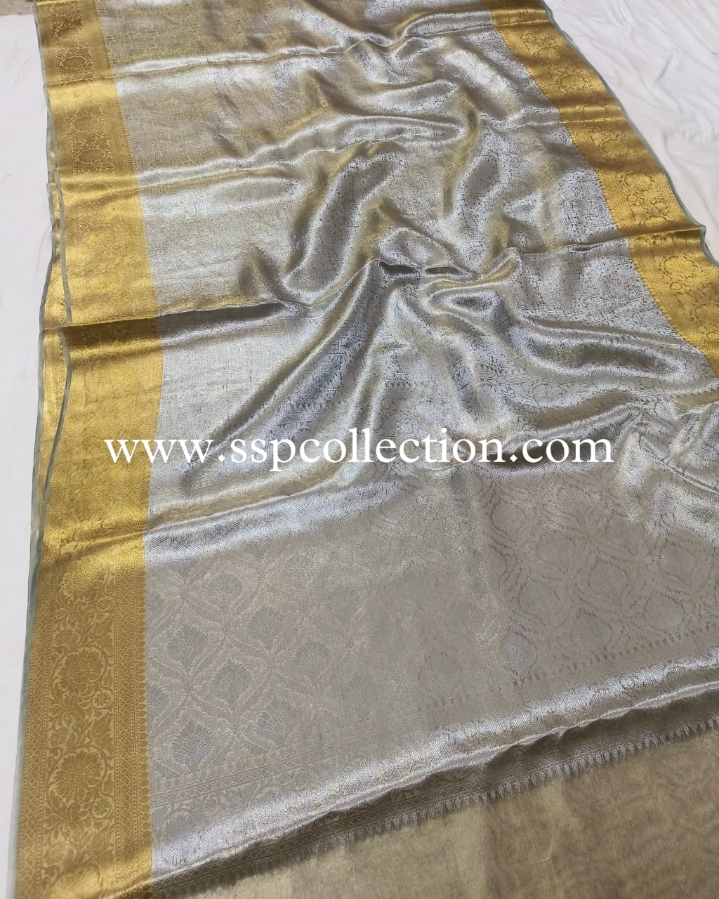 Greyish-Teal Pure Molten Tissue Silk Brocade Banarasi Saree