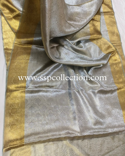 Greyish-Teal Pure Molten Tissue Silk Brocade Banarasi Saree