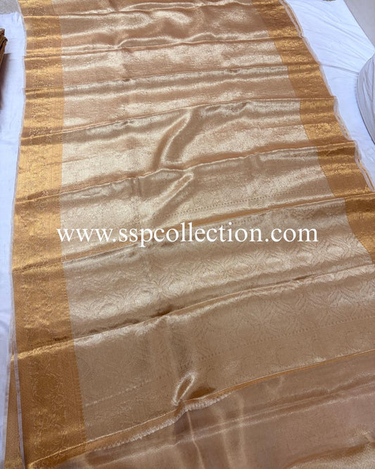Natural-Gold Pure Molten Tissue Silk Brocade Banarasi Saree