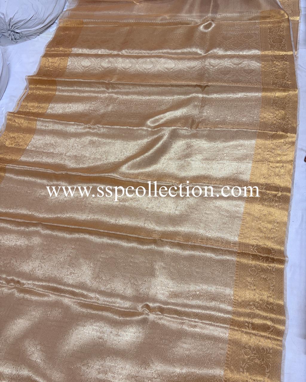 Natural-Gold Pure Molten Tissue Silk Brocade Banarasi Saree