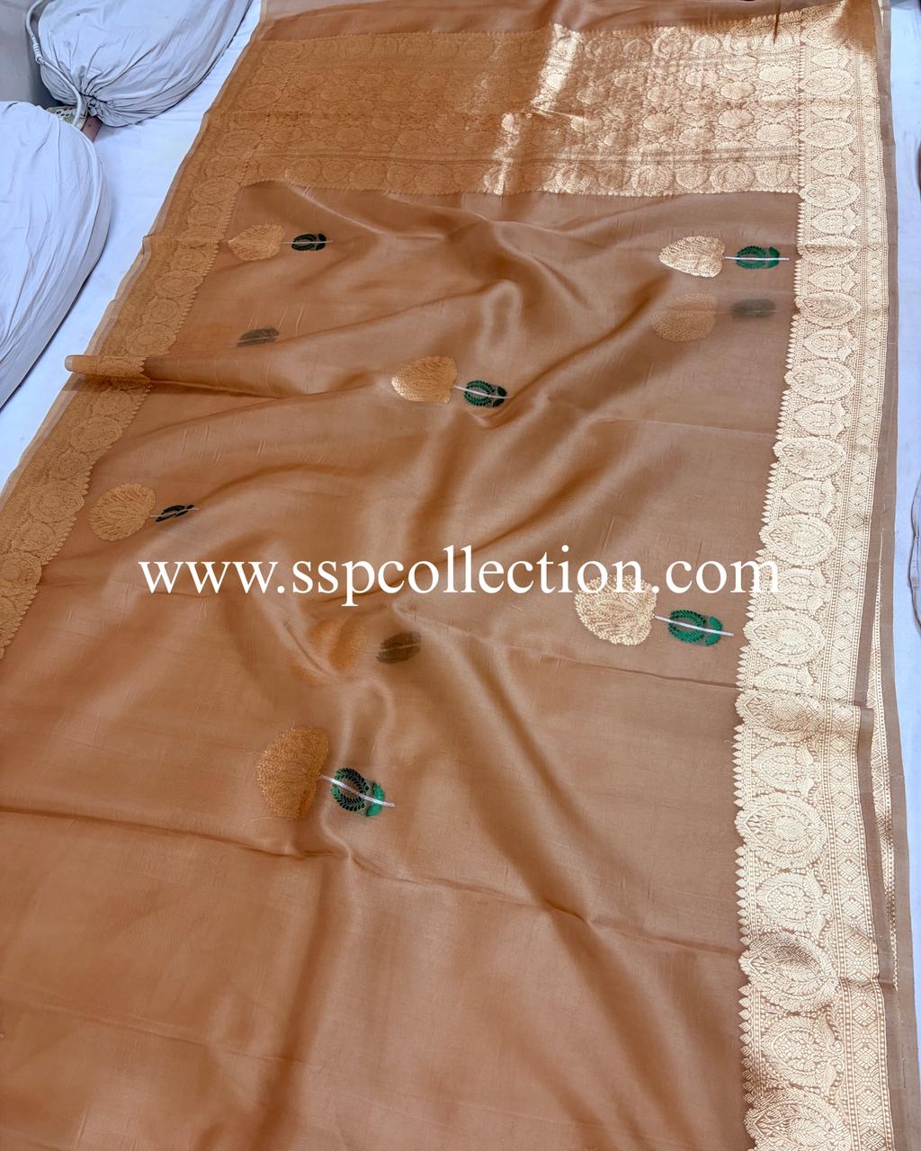 Beige-Gold Pure Kora Silk Tilfi Banarasi Saree