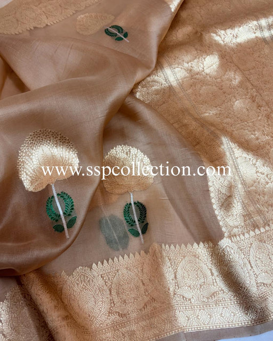Beige-Gold Pure Kora Silk Tilfi Banarasi Saree
