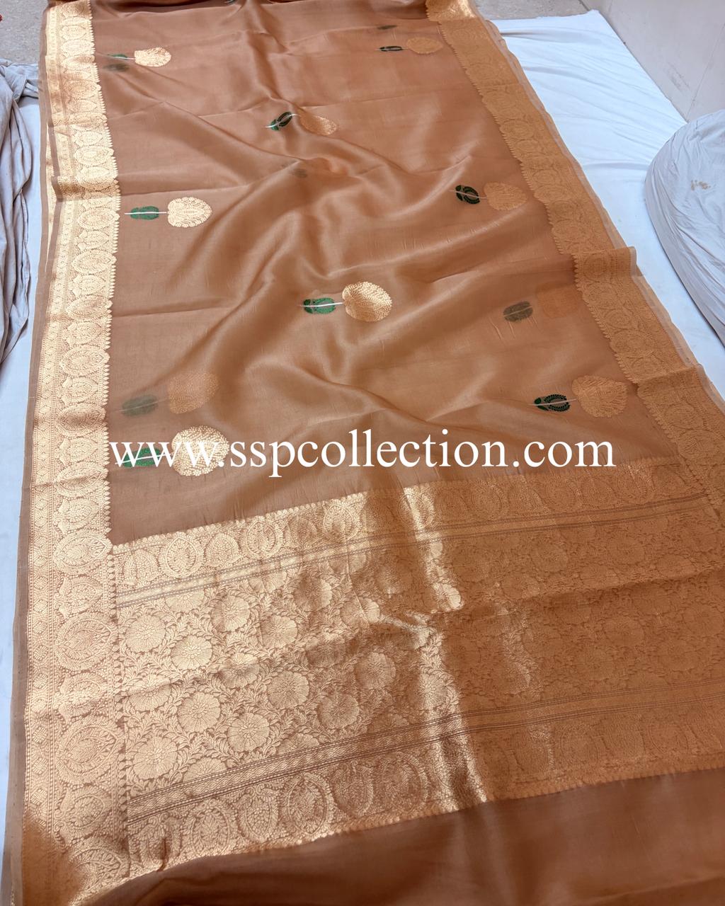 Beige-Gold Pure Kora Silk Tilfi Banarasi Saree