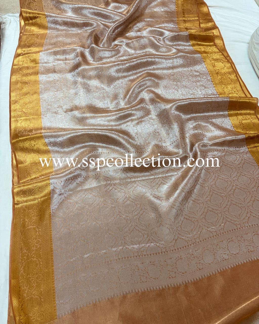 Dusty-Peach Pure Molten Tissue Silk Brocade Banarasi Saree