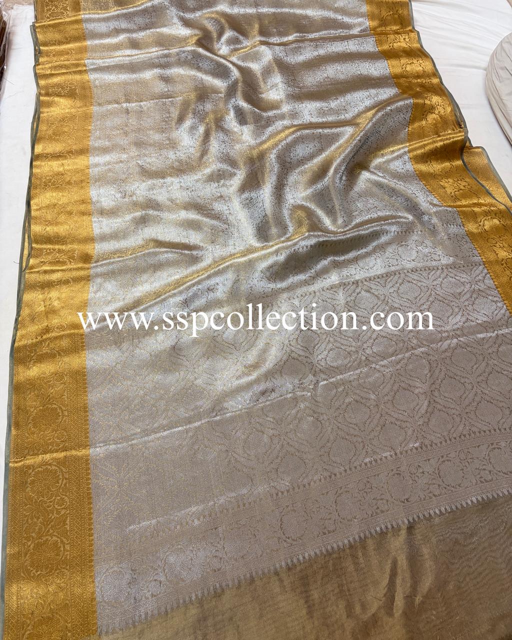 Grey Pure Molten Tissue Silk Brocade Banarasi Saree