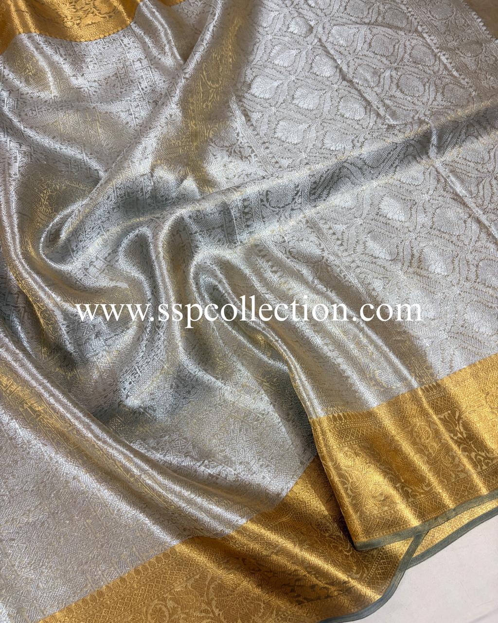 Grey Pure Molten Tissue Silk Brocade Banarasi Saree